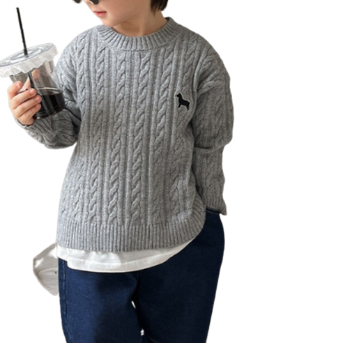 도오빠 플레바 아동 꽈배기 니트 라운드넥 긴소매 스웨터 오버핏 남녀공용 무지 티셔츠 주니어 초등학생