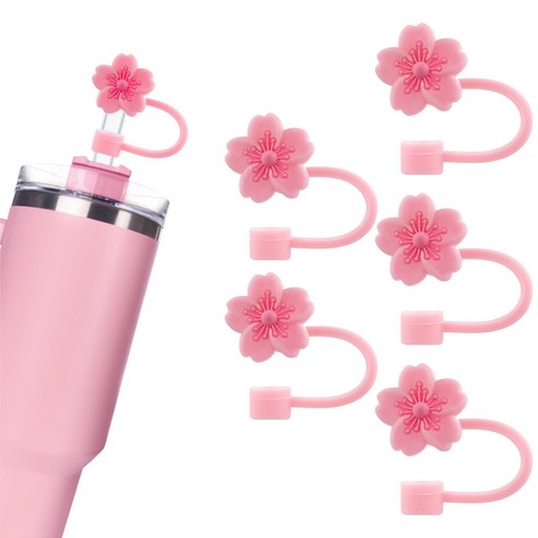베고니아 빨대 커버 캡 - 대용량 텀블러용 10mm 실리콘 빨대 뚜껑 꽃 모양, 10개, 핑크