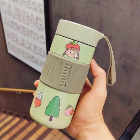 커피 동행 컵 귀여운 일본 스타일 보온병 Ins 간단한 고등학생 여성 고가 차 컵, 녹색 400ml (차 필터), 싱글 컵 + 무작위 스티커