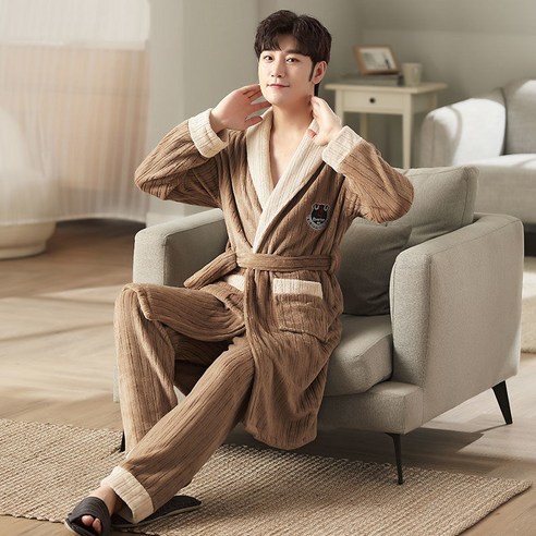 DFMEI-Y 하이 엔드 잠옷 남성 잠옷 겨울 플란넬 남성 잠옷 목욕 가운 두꺼운 가정용 대형 긴 인터넷 연예인, {"패션의류/잡화 사이즈":"3XL 165-210 진"}, DFMEI 브라운 3311 투피스 세트