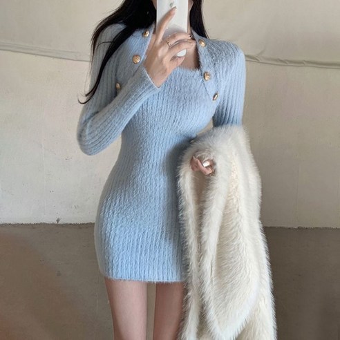 POMTOR 여성 봄 스퀘어넥 기모원피스 니트원피스