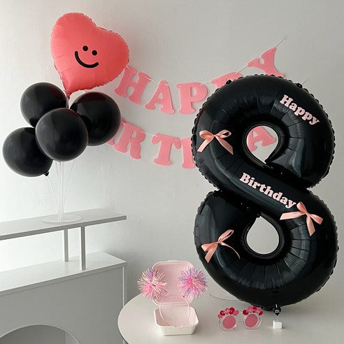 하피블리 레터링 가랜드 블랙 숫자풍선 생일 파티 용품 세트, 핑크, 숫자풍선08