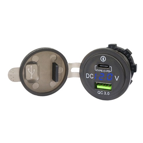 2 슬롯 USB 플러그 QC3.0 유형 C PD 퀵 충전 충전기 어댑터 방수 LED 전압계 자동차 오토바이, 파란색