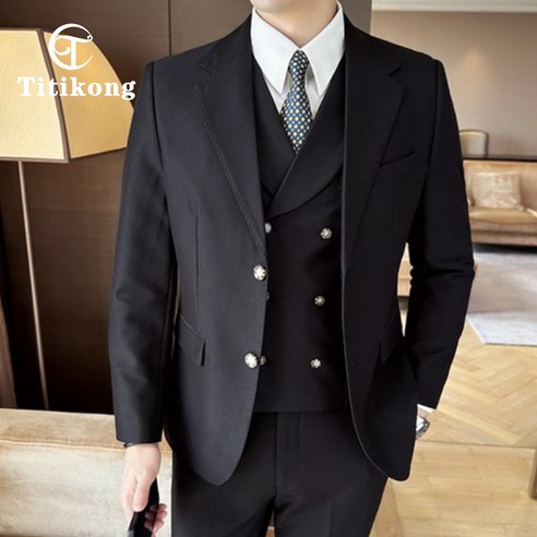 Titikong 남성용 빅사이즈 사계절 스판 캐주얼 투버튼 정장 4컬 정장세트 하객룩 코트+ 바지 +조끼세트