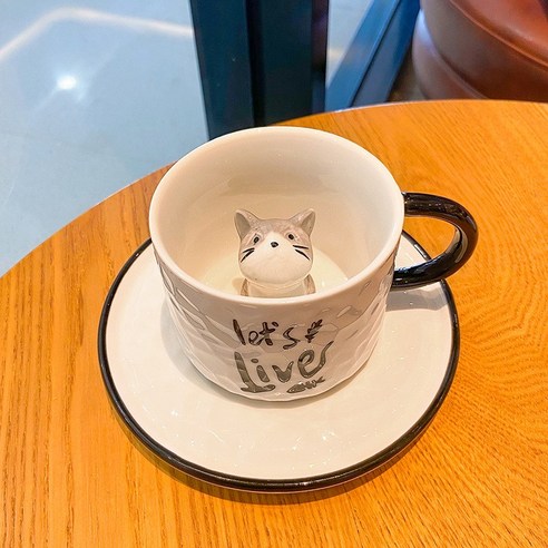 만화 창의 컵 안 고양이 커피 컵 접시 귀엽다 도자기 컵 식당 밀크티 아침 물 컵 학생 선물 컵, 회색 귀 고양이, 220ML
