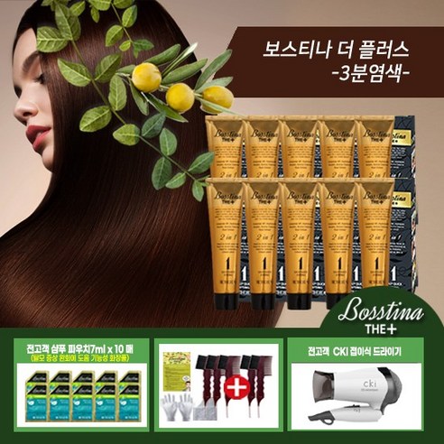 [KT알파쇼핑]전고객 드라이기!보스티나 염색제 CKI드라이기 샴푸구성(본품10+샴푸10+빗3+드라이기), 흑갈색, 흑갈색