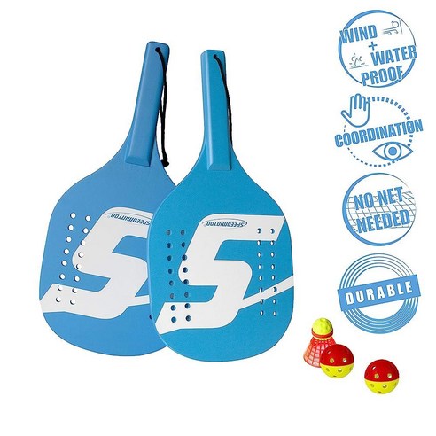 스피드민턴 6025205283 Speedminton 라이트 우드 비치 패들 2 플레이어 세트 - 공 2개 및 오리지널 재미있는 스피더 버디 1개 스매시볼 테니스의 완벽한 대안 블