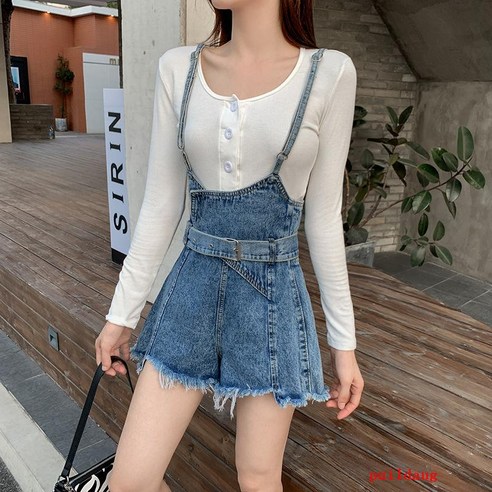 데님 스트랩 반바지 여성 봄/여름 느슨한 캐주얼 와이드 레그 스트랩 핫 바지