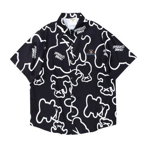 KORELAN 의도 고풍스러운 곰돌이 린트 반팔 셔츠 남파 루즈핏 캐주얼 5부 셔츠