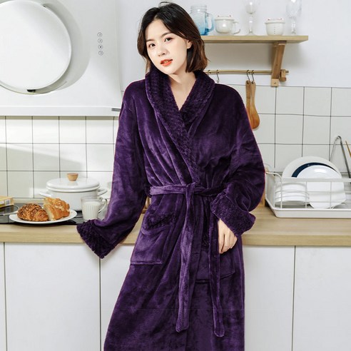 DFMEI-Y 잠옷 여성의 가을과 겨울 긴 산호 양털 플러스 벨벳 두꺼운 커플 목욕 가운 플란넬 남자 잠옷 겨울 홈 착용, M 적합 [160cm -120kg], DFMEI 보라색 [여성] 스티치 플란넬