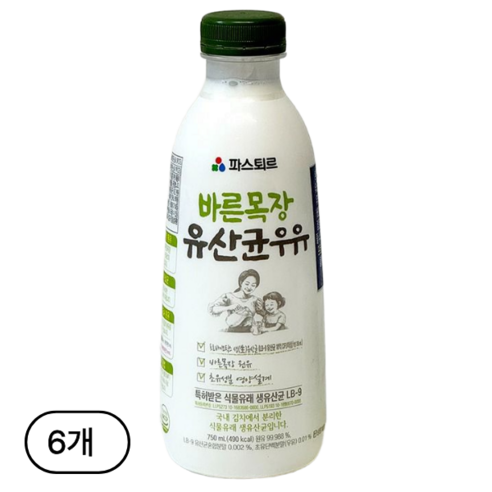 파스퇴르 바른목장 유산균우유, 750ml, 6개