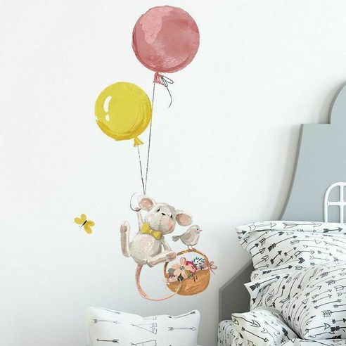 벽 스티커 귀여운 마우스 풍선 방수 데칼 침실 배경 장식, 하나, 보여진 바와 같이
