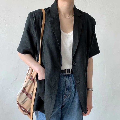 BIKASU 여성 여름 프렌치 린넨자켓 오버핏 캐주얼 정장 카라넥 반팔 자켓 아우터