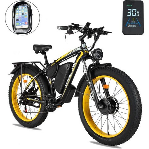 어른을 위한 Geartist 전기 자전거 듀얼 모터 2000W 22.4Ah 35MPH AWD Ebike 21 Speed 26 Fat Tire MTB 유압 디스크 브레이크 프론트, Yellow