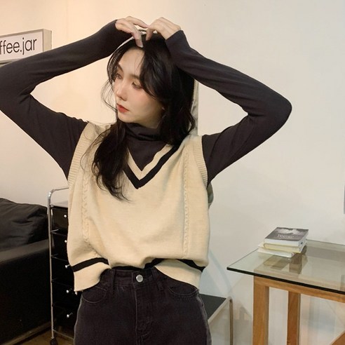 살구 V 넥 니트 조끼 여성 가을과 겨울 레이어드 스웨터 조끼 양복 조끼 느슨한 민소매 조끼 재킷