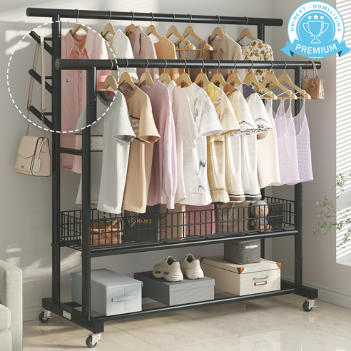 UniNest 튼튼한 친환경 보강형 2단 대용량 이동식 수납 선반 행거, 150cm, 블랙 사이즈, 1500, 색상, 고급 블랙 섬네일