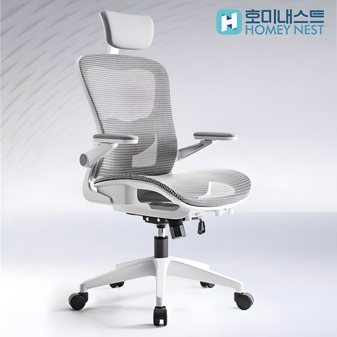 HOMEY NEST 메쉬 사무실 사무용의자 3D팔걸이 틸팅가능 요추 허리보호 체어 HN-OC107, 화이트