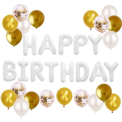 HBD 은박풍선 크롬메탈 혼합풍선세트 파티커튼 생일파티세트 [에브리띵스마일] 1221, 1세트, 화이트 골드 풍선