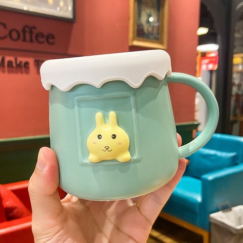 MaoInsd 입체 릴리프 커플 컵 귀여운 곰 토끼 동물 가정용 세라믹 컵 아침 우유 컵, 녹색 컵 창_400Ml
