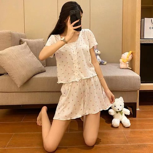 헤조 여름 면 상하의 잠옷세트 잔꽃무늬 홈웨어