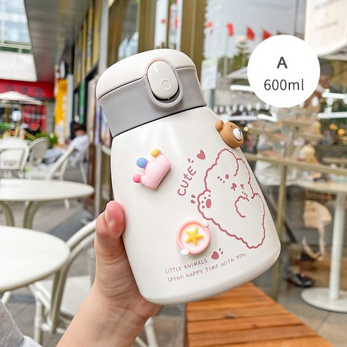 [LM] 600ml 곰 스티커 물병 스테인리스 보온병 짚 진공 절연 휴대용 Leakproof 텀블러 컵 선물, {"크기":"600ml"}, A with sticker