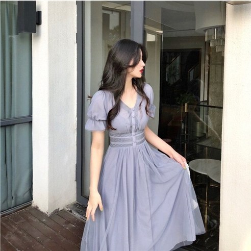 써스데이아일랜드 스타일 원피스 2021 메쉬 우아한 빈티지 vestidos 새로운 퍼프 슬리브 v 넥 a 라인 슬림 스타일 메쉬 레트로