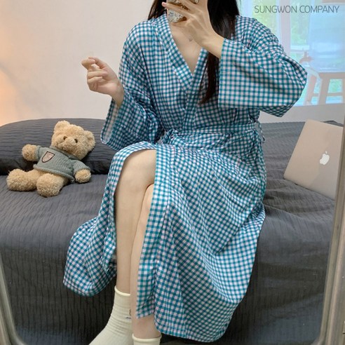 이너퀸 프리수 사계절 롱 체크 로브 가운 호텔 샤워 빅사이즈 루즈핏 주머니 끈 잠옷 긴팔 가운미니체크