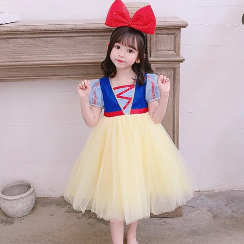 아이스쿨 여아 유아 쉬폰 퍼프 백설공주 드레스 리본헤어밴드 세트