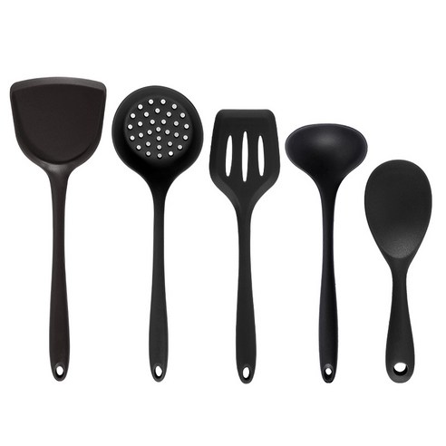 국산실리콘 조리 도구 세트 5종 심플 실리콘 조리도구 미니 핑크색 블랙 녹색, 블랙 5 피스 세트