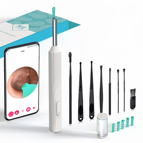 Fiekr 스마트 가시 귀이개 내시경 귀이개 800W고화질 카메라 앱 링크 LED 조명 소프트헤드 Type-c 충전 그리고 귀이개 8종, 흰색, 1개, 1개입