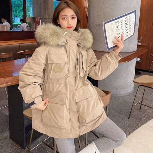 핑크 여성 의류 겨울 새로운 한국어 스타일 짧은 중간 길이 느슨한 후드 허리 아래로 코트