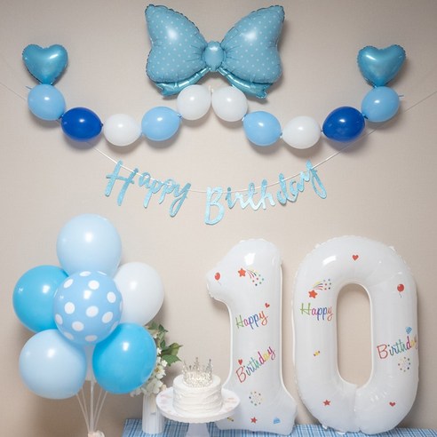 연지마켓 생일풍선 생일파티용품 리본풍선 숫자세트, 블루리본 화이트세트 10