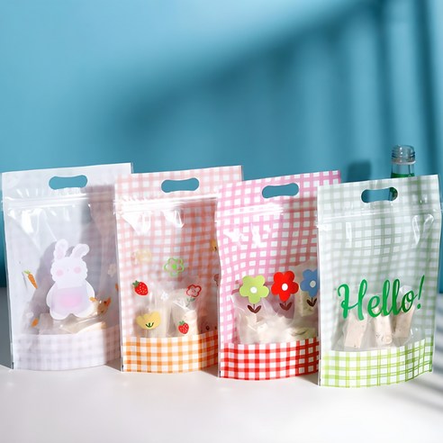미미파티 감성 귀여운 구디백 손잡이 지퍼백 포장 봉투, 컬러체크, 50개