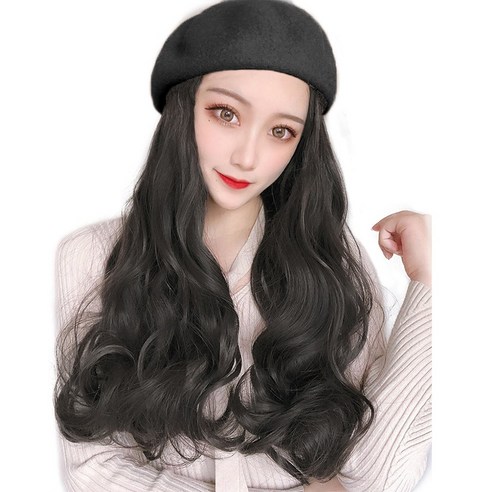 이쁘다샵 가발위드 베레모 긴머리 웨이브 여성 모자가발, 블랙 블랙, 1개