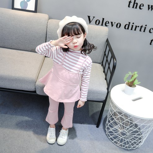 YFSJY Toddler Girl Clothes Set Kids 2022 Fashion Infant Spring Autumn 2pcs Outfit Striped Fake Two T