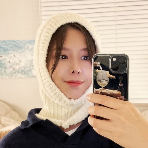 니트 바라클라바 발라클라바 넥워머 방한 후드, 아이보리