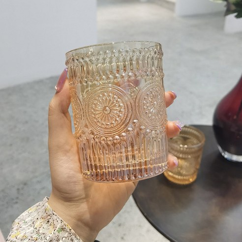 인스타그램 태양 꽃 물컵 복고 부조 유리컵 여자 커피잔 냉음료컵 금테두리 가정용 컵, 트럼펫 호박 플라워 컵 싱글 300ml, 파손 배상