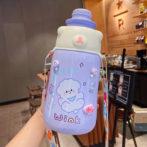 보온컵 여자 고안가 주전자 휴대용 야외 선녀 컵 배 빨대 물컵, 보라+스티커+부품+컵끈, 1130ml
