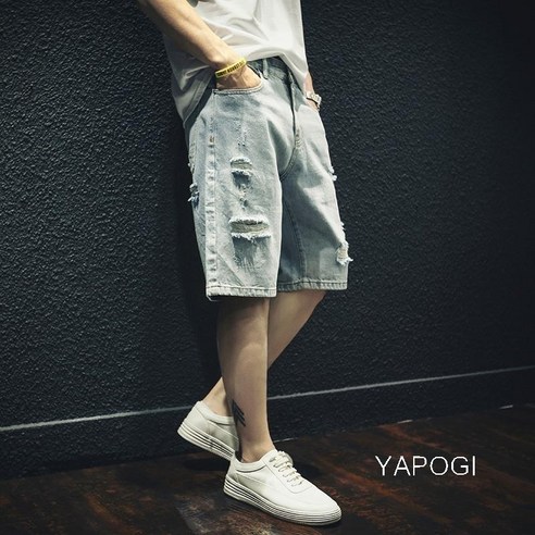 YAPOGI 찢어진 데님 반바지 남성 느슨한 유행 겉옷 바지 유행 브랜드 대형 바지 바지 유행 여름 얇은 바지 YAPOGI