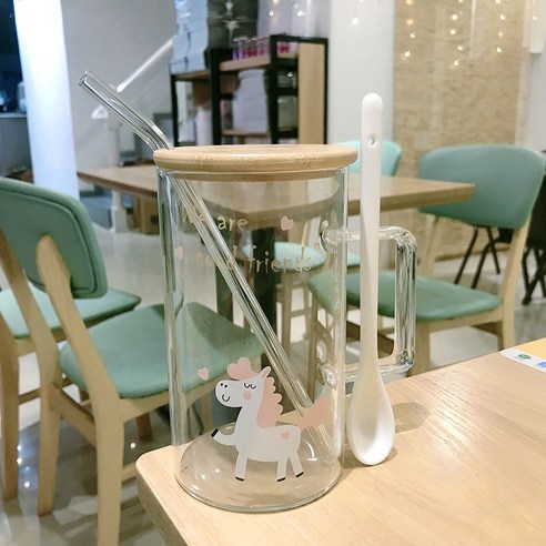 DFMEI 캐릭터 대용량 유리잔 뚜껑 스푼 남녀 아침 우유 시리얼 오피스 홈컵, DFMEI 조랑말 ''대나무 덮개+국자+빨대''