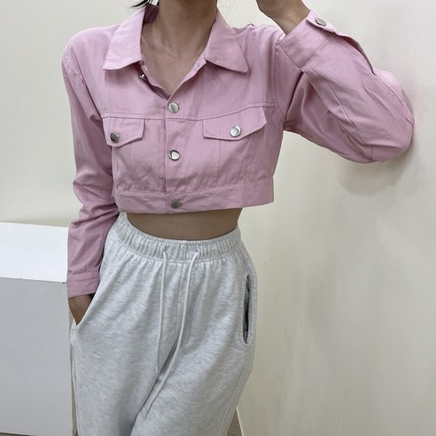 여성용 카라넥 세미크롭 베이직 데님 단추 포켓 숏 자켓 크롭자켓코디