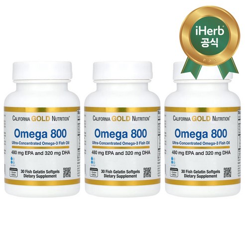 캘리포니아골드뉴트리션 3개X 오메가800 피쉬오일 EPA/DHA800mg 30젤, 30정, 3개