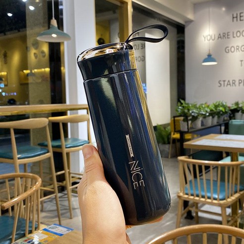 하이 엔드 남성과 여성의 스테인레스 스틸 보온병 커플 간단한 한국어 휴대용 차 컵 학생 자동차 선물 컵, 다크블루400Ml+컵브러시, 하나