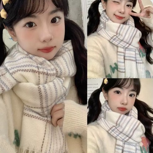 로자벨 윈터블룸 체크 머플러 목도리, 하얀눈, 1개