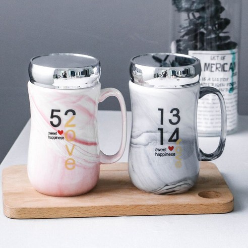 간단한 세라믹 머그잔 뚜껑 숟가락 맞춤 패션 커플 마시는 컵 쌍 남성과 여성 크리 에이 티브 커피 컵, 1314 + 520(2)_[돌 곡물] 커버