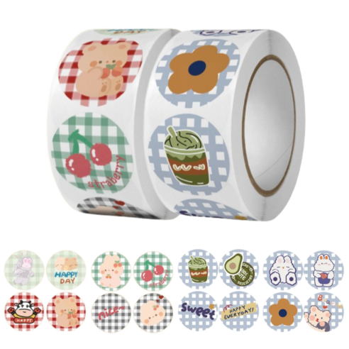 메리롱 귀염뽀짝 인스 구디백 다꾸 데코 스티커 벌크 500P, 2롤, 혼합체크 + 블루체크