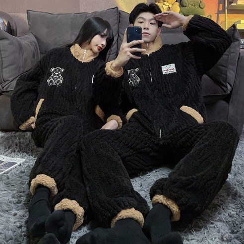 ANYOU 겨울 플란넬잠옷 따뜻한 빅사이즈 커플 잠옷 귀여운 카툰 곰돌이 루즈핏 긴팔 잠옷 신혼부 잠옷 홈웨어