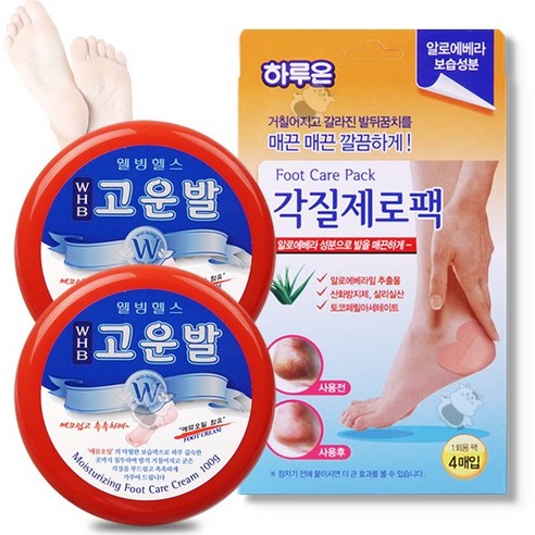 웰빙헬스 WHB 고운발 풋크림 100g 2통+하루온 각질제로팩 4매입 발관리 끝판왕