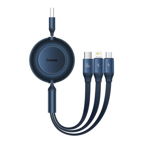 베이스어스 슈피겐 시리즈 2 스트레치 3인1 고속 충전 케이블 USB 투 M+L+C 66W, 1개, 1.1m, 블루