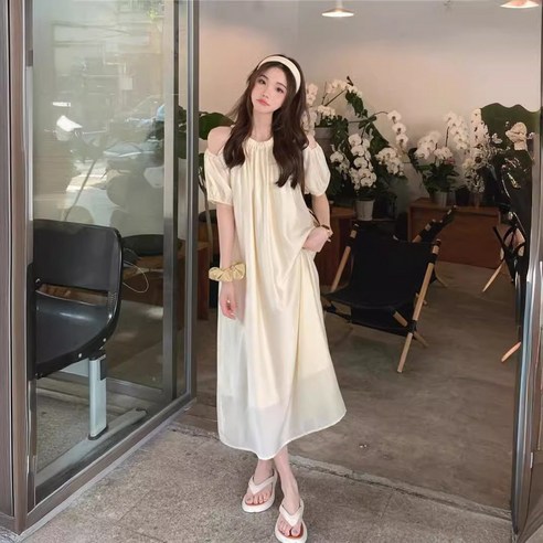 BD94891 여름 여성 반팔 원피스 여성 루즈핏 오프숄더 퍼프소매 시폰 롱원피스